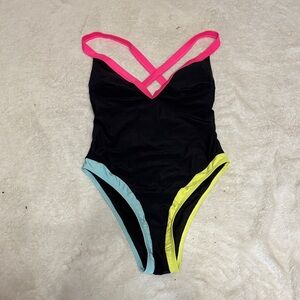 Cupshe Black One-Piece Swimsuit with Pink, Aqua & Neon Yellow Trim